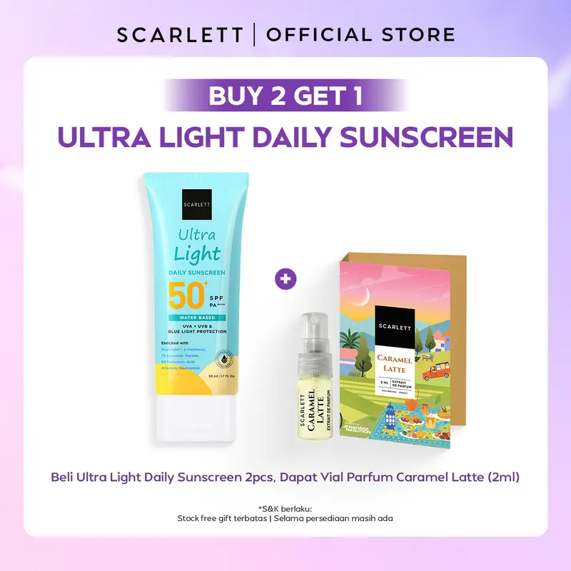 Oily Skin Friendly Scarlett Whitening Ultra Light Daily Sunscreen SPF 50+ PA++++ [Water Based] Meresap 20an Detik (Super Ringan) dengan 7X Ceramide 9X Hyaluronic Acid & No Whitecast Sunblock Wajah 0