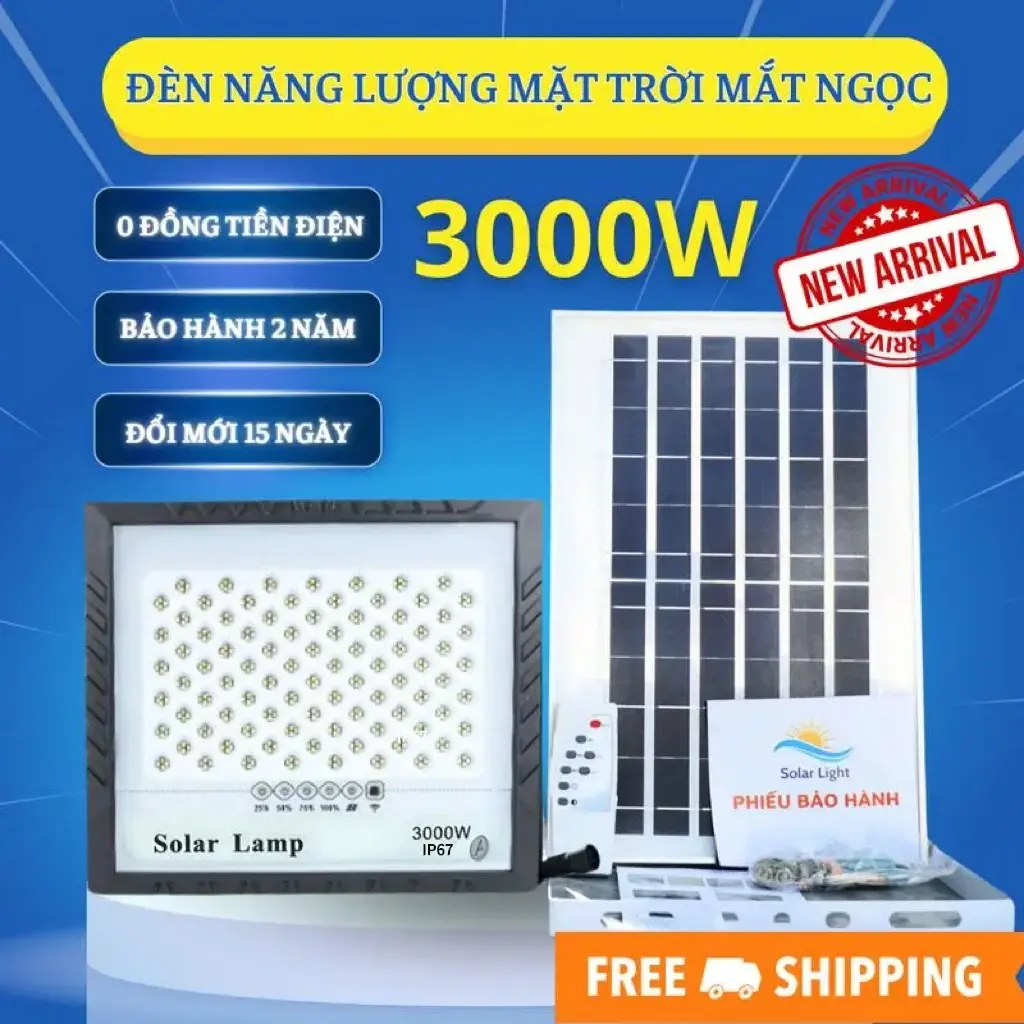Đèn Năng Lượng Mặt Trời Mắt Ngọc Solar Light 3000W Đèn có thấu kính, chống loá mắt. Điều khiển từ xa - Cảm biến ngày/đêm. Tự đông bật tắt. Không sử dụng điện, Có đèn báo % pin. An toàn, Tiết kiệm đènnang  luong