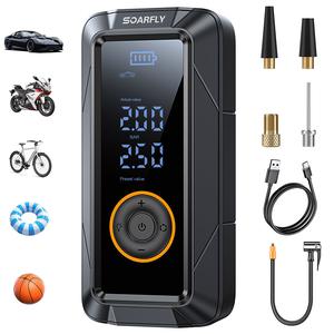 [埼玉県発送]自転車 空気入れ 電動空気入れ バイク 車 仏/英/米式バルブ対応 最大圧力150PSI 高速充填 自動停止 3800mAh大容量電池 コードレス エアコンプレッサー コンパクト ライターコード/SOS/LED懐中ライト/収納袋付