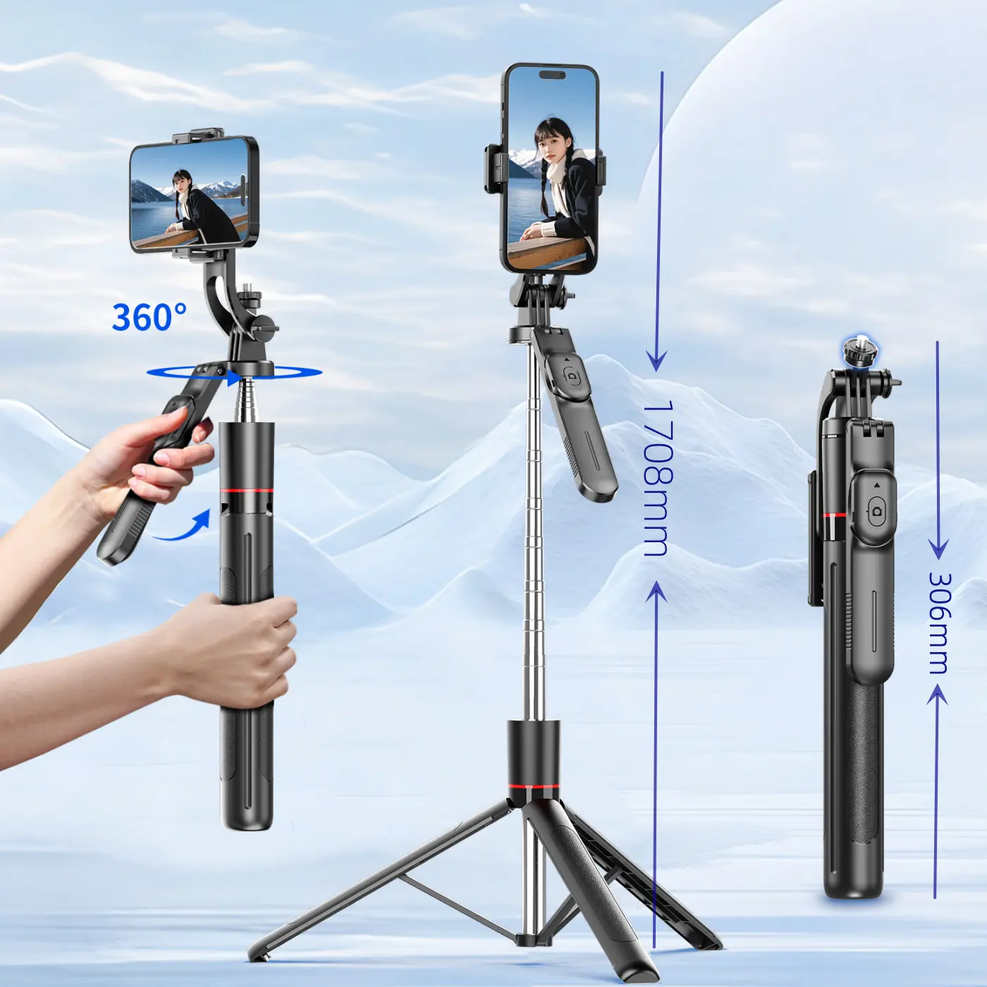 2025 new 1.7M wireless convenient remote control selfie stick tripod foldable stand with light smartphone stand