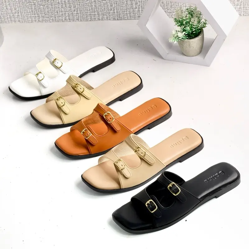 SAFINA Marcellina Sandal Wanita Flat Double Strap (Tali 2) Simple Polos Elegant - Sandal Teplek Wanita Flat Terbaru 2025