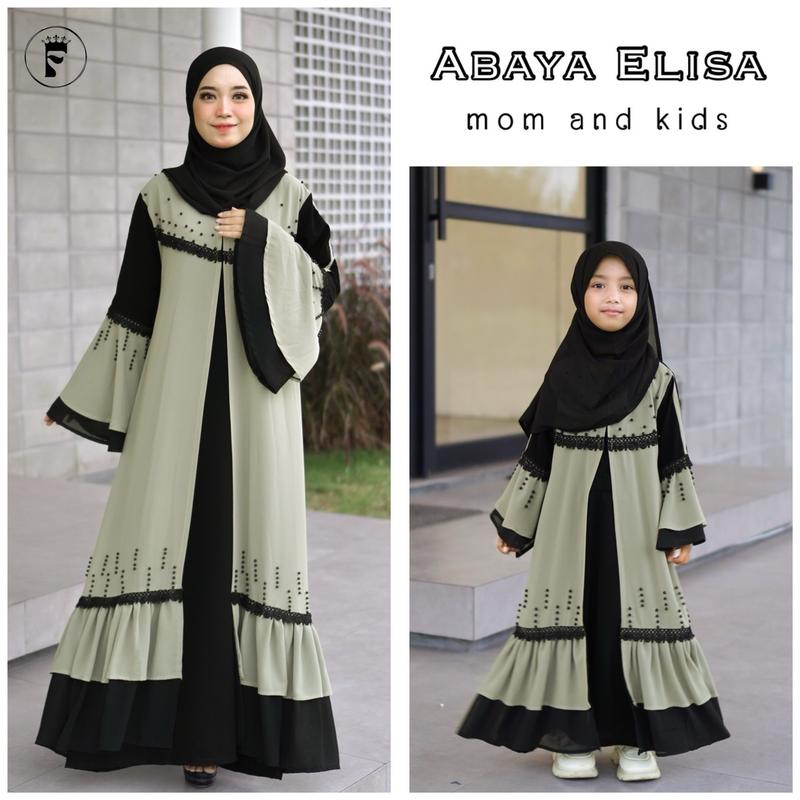 ABAYA ELISA COUPLE MOM AND KIDS abaya hitam couple abaya turky gamis hitam abaya anak gamis couple abaya hitam Muslim Renda Mutiara Kombinasi Sifon Arab Ibu Umroh Syari Outer 2