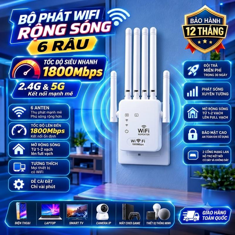 Bộ Kích Sóng WiFi 6 Râu 1800Mbps – 2.4GHz / 5GHz, 6 Anten Ngoài, 2 Cổng LAN, Hỗ Trợ Mở Rộng Vùng Phủ WiFi, Dễ Dàng Cài Đặt Bằng Điện Thoại Hoặc Máy Tính