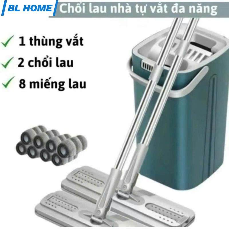 Bộ cây lau nhà (1 thùng + 2 cây lau + 8 bông lau) tự vắt thông minh đầu xoay 360 độ tiện lợi Lau Sàn Làm Sạch kitim  opc6 Inox
