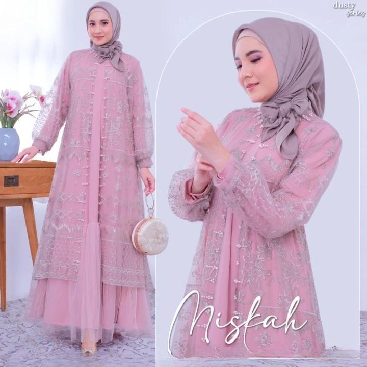 Gamis Pesta Premium Branded Miskah Set Dress BO Size M L XL XXL LD 100-120 CM Bahan Skirt Mix Tille Inner Tile Import Aplikasi Payet Baju Wanita Terbaru Viral  Warna Black Blue Dusty Dove Mocca Nude 4