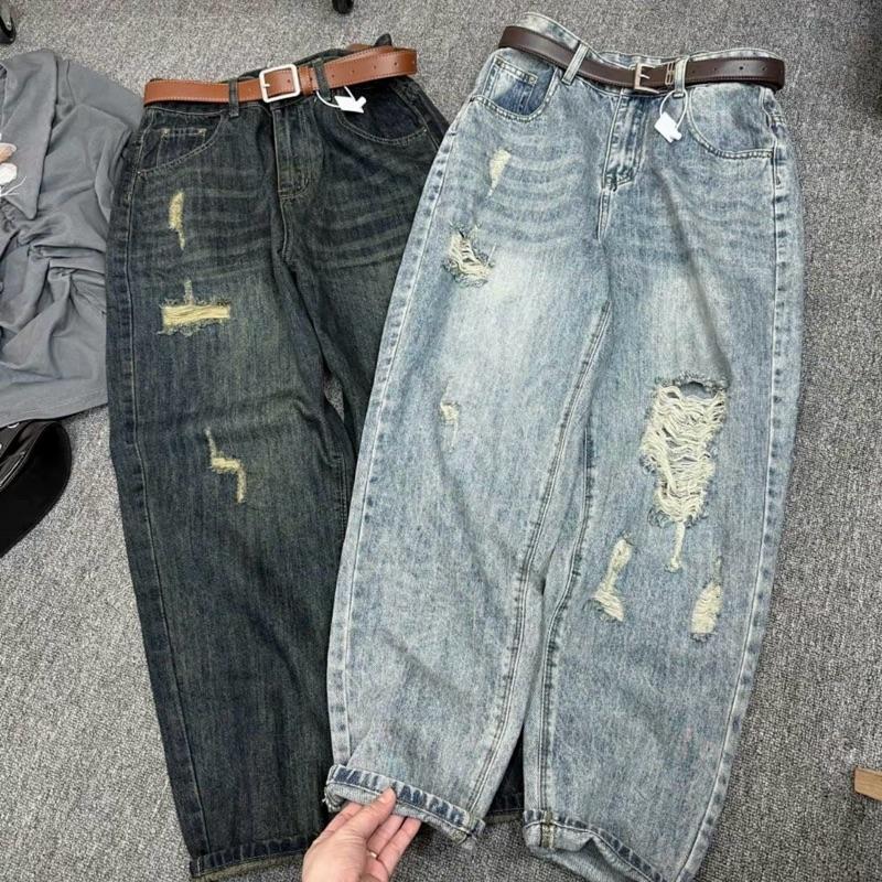   Từ 57kg-88kg Quần Baggy Nữ Lưng Thun BigSize Rách Thời Trang Lưng Cao Trên Rốn Không Co Giãn form rộng dễ chịu Denim Pants Women 