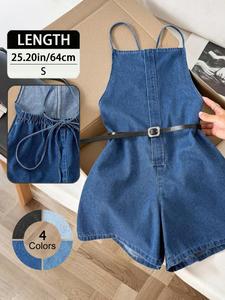 Mono de mezclilla elegante sin espalda para mujer, con cintura anudable y efecto estilizador, de pierna ancha tipo shorts; moda veraniega de una pieza