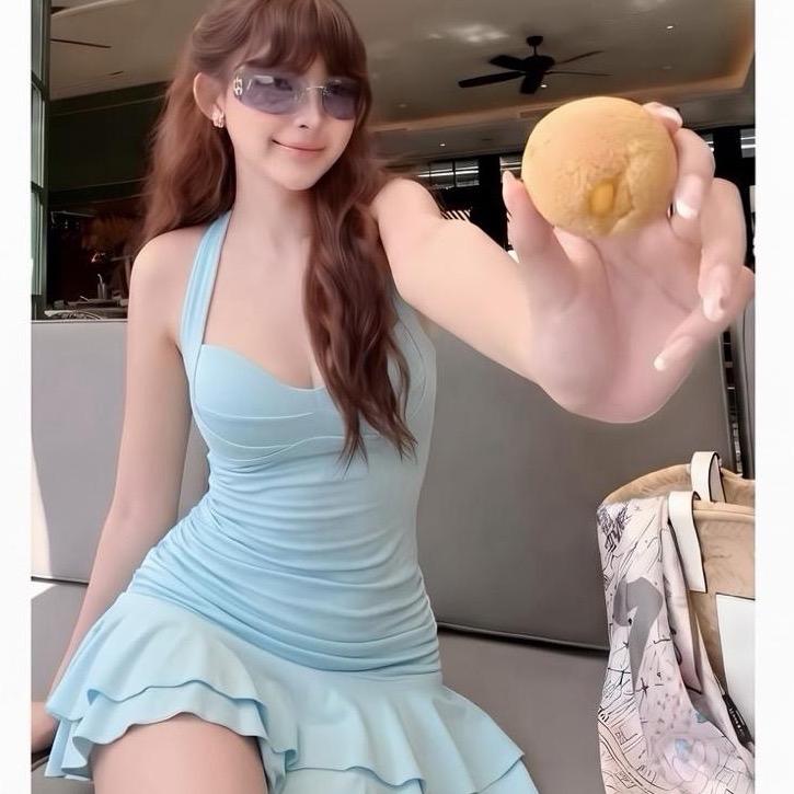 Váy Cổ Yếm Nhún Body Xoè 2 Tầng Có Mút ,Không Quần By CEM
