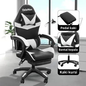 VeloMax Kursi Gaming Untuk Gaming, Kerja & Belajar! Desain modern dengan material breathable dan PU leather. Fitur lumbar support, sandaran tangan rotasi, Roda gulir, dan penyesuaian tinggi hidrolik Furniture.