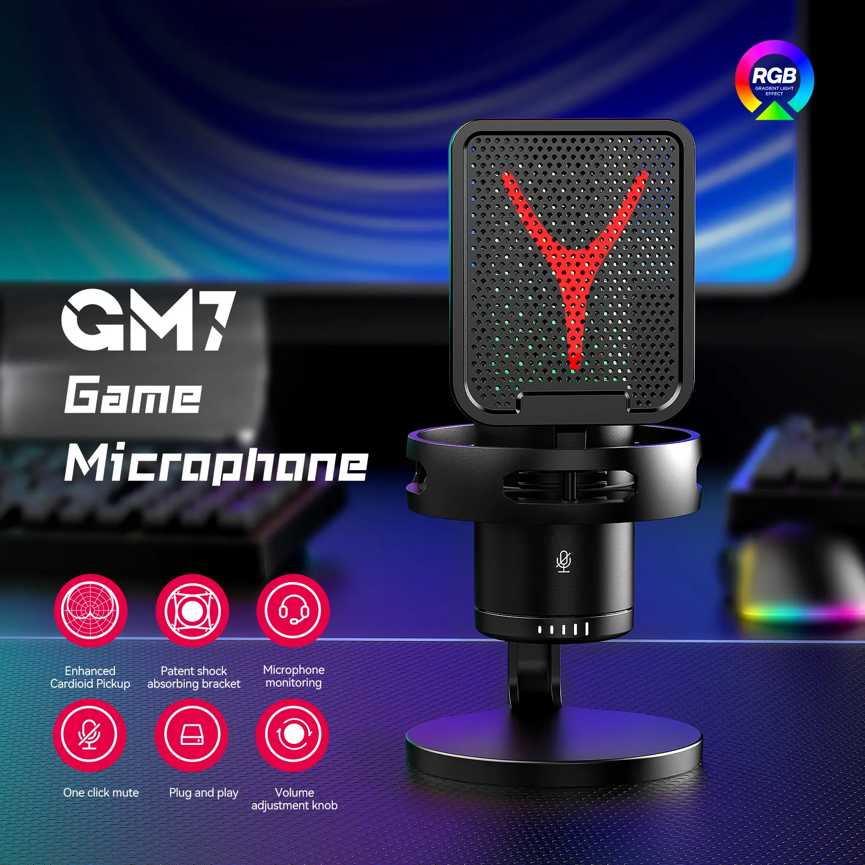 Micro có dây, Bộ ghi âm tụ điện, Micro USB, RGB, Mic máy tính để bàn chơi game, với máy chủ thở, Giá Chân Đế để bàn, Mic chơi game RGB, Mic chơi game, Mic giao diện kép, Thích hợp cho máy tính chơi game