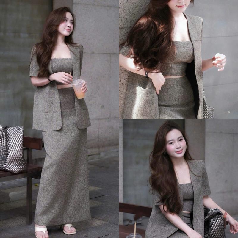   HÀNG CÓ SẴN  G82 Set dạ tiêu 3 món  áo khoác chân váy bra  hàng ép mùng dày dặn - Set đồ nữ sang chảnh 