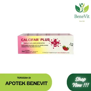 Calcifar Plus Box 100's - Tablet Kunyah Rasa Strawberry, Suplemen Kalsium & Vitamin D3 untuk Tulang & Gigi, 10 Strip x 10 Kaplet