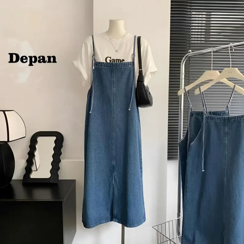 Overall Jeans Wanita Dress Korean Style Skirt Midi Long Rok Denim Casual Retro Panjang Dewasa Simple Remaja 3