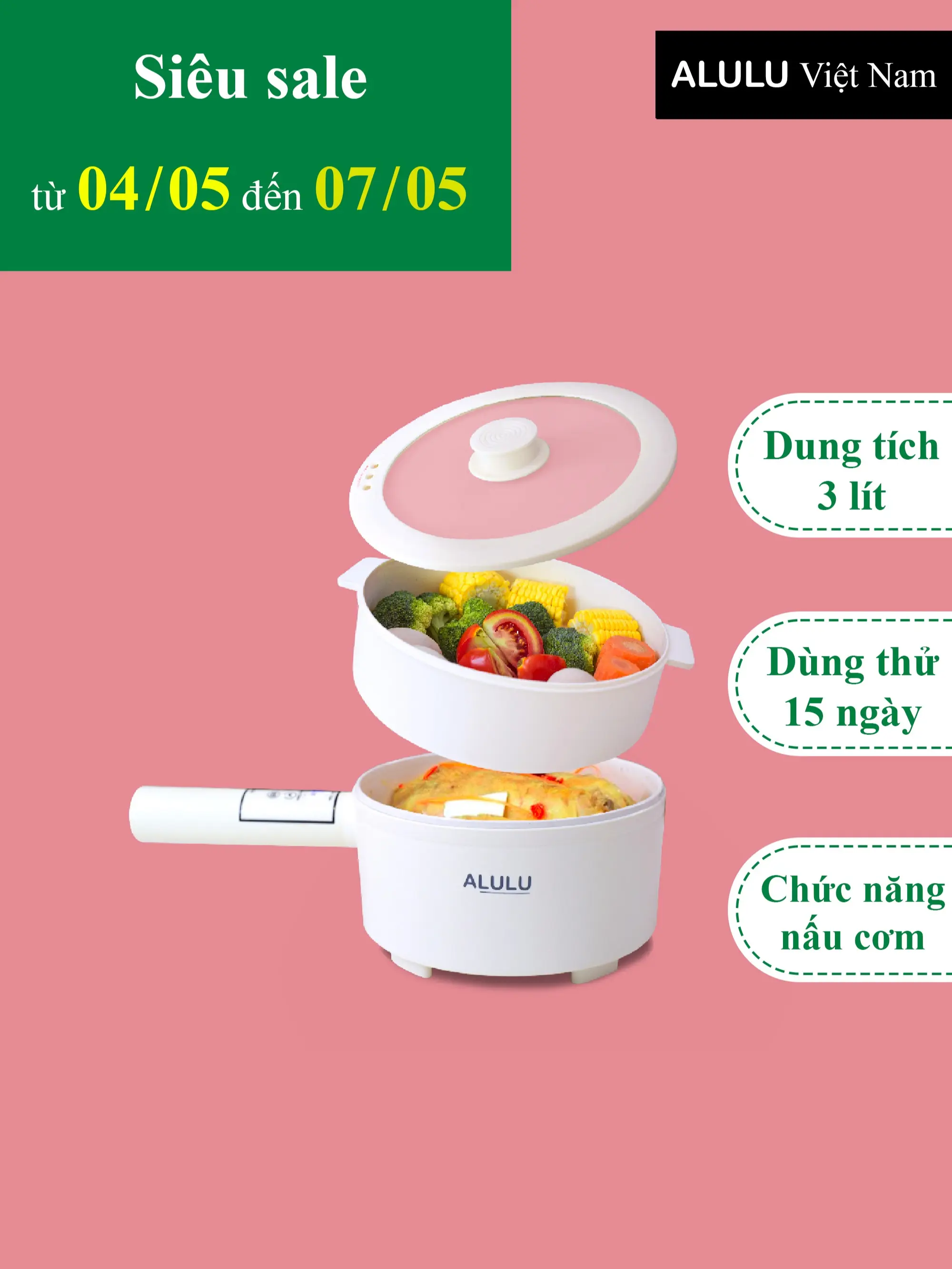 Nồi điện đa năng ALULU, Dung tích 2L - 3L ( kèm xửng hấp ), Bảo hành 12 tháng
