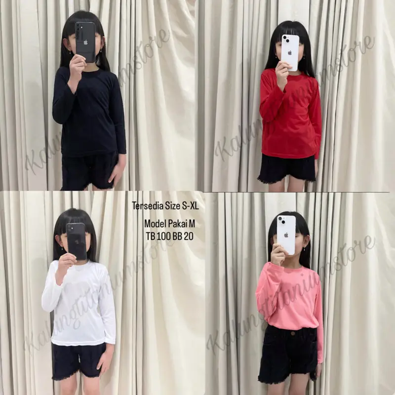 KTS-Atasan Kaos Polos Anak Cowok Cewek Lengan Panjang Bahan Poliester PE Usia 2-10 Tahun