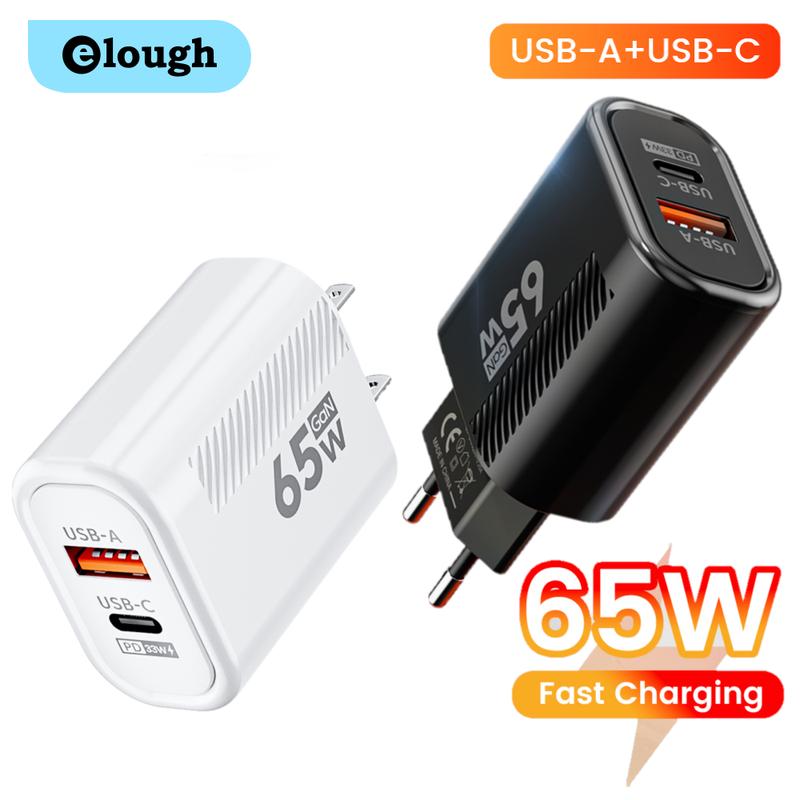 Bộ sạc điện thoại di động GaN sạc nhanh, Elough, 65W USB-A + USB-C, Bộ Chuyển Đổi sạc siêu nhanh Type C, Tương thích với Huawei, Xiaomi, Samsung, Iphone 16, 15, 14, Realme