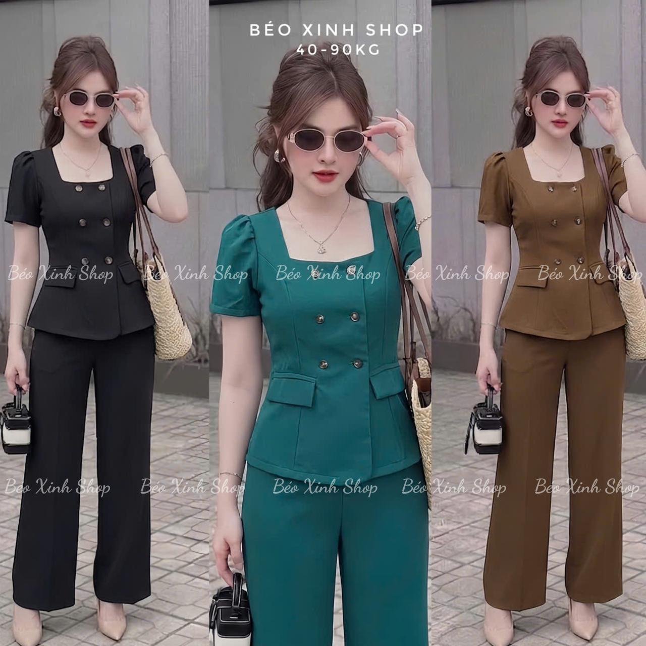 Set Quần Áo Nữ Áo Nữ Cổ Vuông Phối Nút Quần Ống Suông Vải Cotton Lạnh Cao Cấp Dễ Thương Nữ Top Women Xoè - A.1790