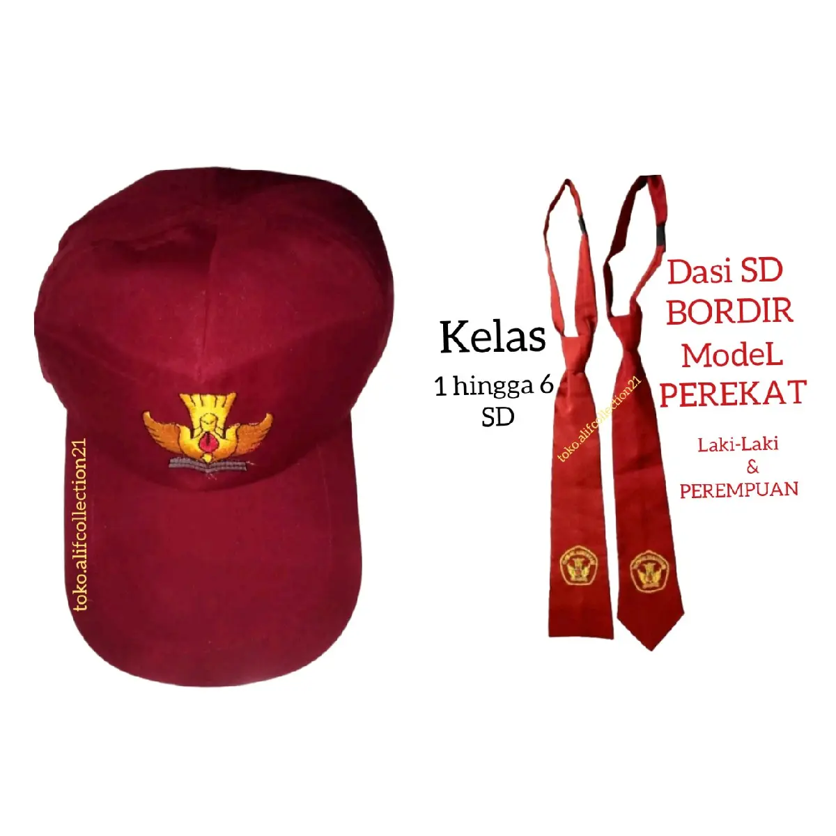Topi dan dasi sekolah sd tipe perekat bordir