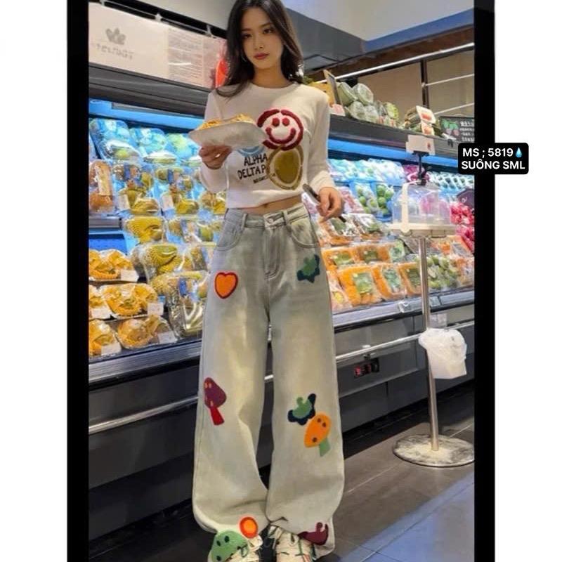 M819_ Quần Jean Suông Nữ Bụi Thêu Hoạ Tiết