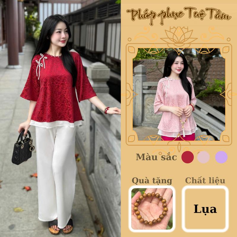  Đồ lam đi chùa cách tân lụa vạt xòe tiểu thư Pháp phục đi chùa nữ cúc ngọc Áo Top Hồng Women 