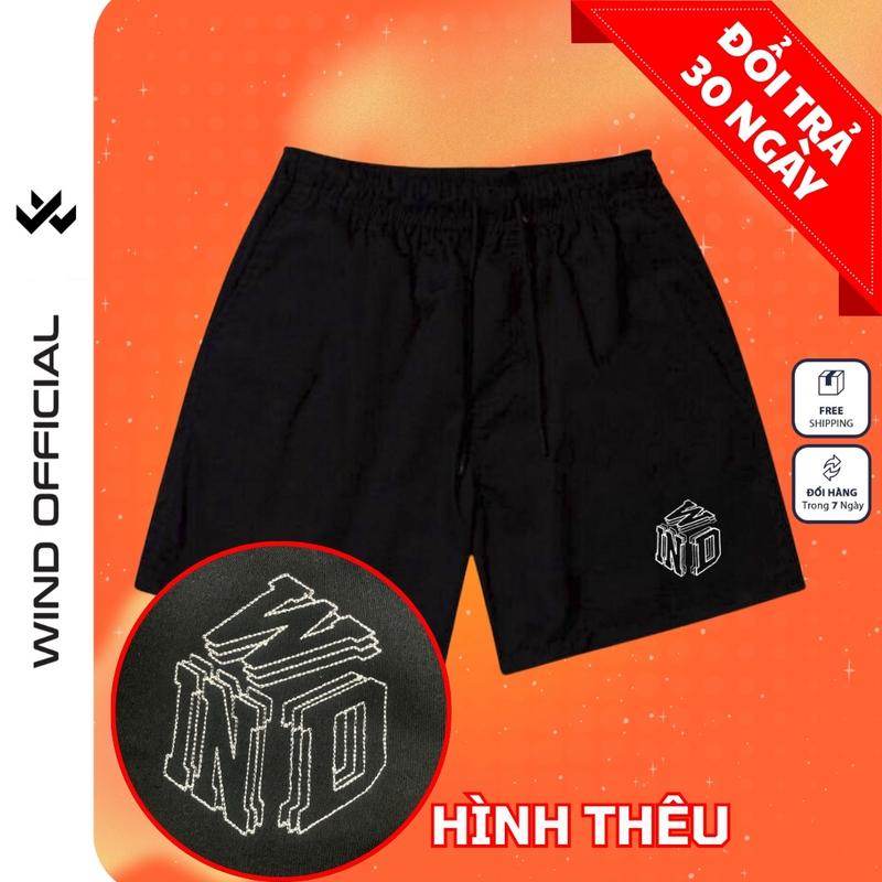 Quần short thun thêu nam nữ WIND unisex ống rộng WIND 3D đùi lửng ngố thời trang mặc nhà