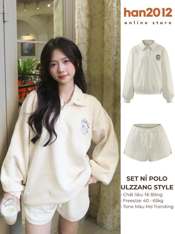 Set Nỉ Polo Tay Phồng Ulzzang Kèm Quần Short Hack Dáng - Bộ Nỉ Bông Dày Dặn Thêu Logo Nổi Form Rộng