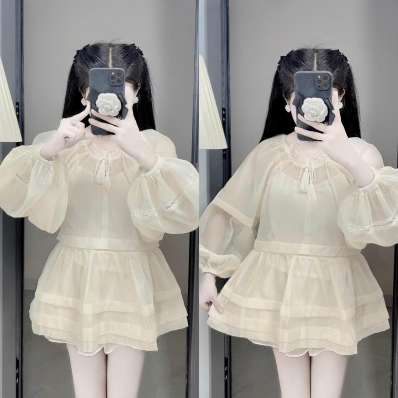 Set Váy Babydoll Tay Dài Phồng Chất Tơ Ánh Kim Kèm Áo 2 Dây Lót, Phong Cách Nàng Thơ Tiểu Thư Dịu Dàng