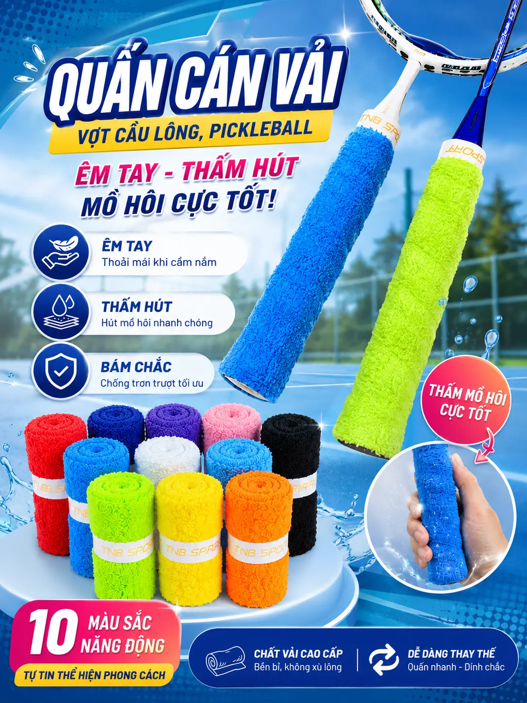 M5a – Quấn cán vải cầu lông TNB siêu êm, chống trượt, mềm mại thỏa mái. Sợi cotton thấm hút mồ hôi cực tốt giúp anh em cầm vợt chắc hơn, xoay nhanh hơn, smas mạnh hơn.