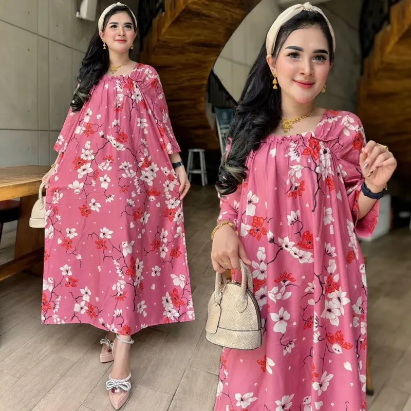 Long dress fuji Motif Bunga sakura Rayon cantik elegan daster jumbo viral Harian Nyaman 4