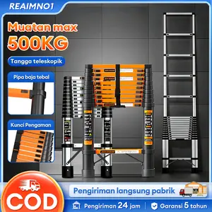 【Diskon 50%】REAIM Tangga aluminium teleskopik rumah tangga dalam berbagai ukuran 2.7m/3.9m/4.3m/5.1m Mudah dibawa dan menghemat ruang penyimpanan.Kapasitas bantalan 300kg kokoh dan tahan lama tidak ada karat aman dan praktis