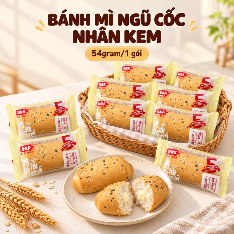 Bánh Mì Ngũ Cốc Nhân Kem (10 Cái) Ngọt Ngào, Bánh Mềm Thơm, Ăn Sáng Ăn Vặt Nội Địa Trung