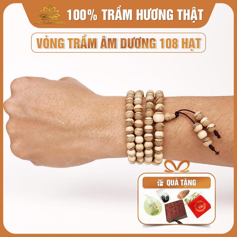 MTH Vòng Tay Trầm Hương Chuỗi Tràng 108 Hạt Thái Cực Âm Dương Màu Sáng Độc Lạ Mộc Trầm Hương - Vòng Trầm Tốc Việt Đủ Size Nam Nữ Phụ Kiện Hộp Gấm Túi Gấm Lá Bồ Đề Nụ Trầm Đốt Dây Xâu - Đeo Tay Voi