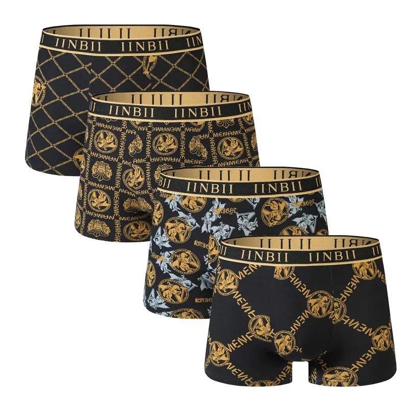 4pcs Light Luxury Printed Underwear Men's Boxer Thin Style Breathable Cotton Fabric  Spandex Soft