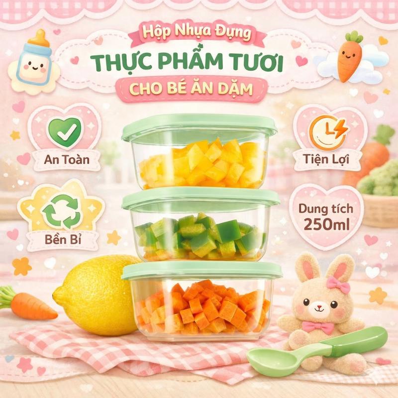 Bộ 3 hộp thực phẩm vuông mini 250ml Inochi - nhỏ gọn tiện lợi, đựng đồ ăn dặm, an toàn, cao cấp, gioăng kín hơi kín khí hop dung tulanh