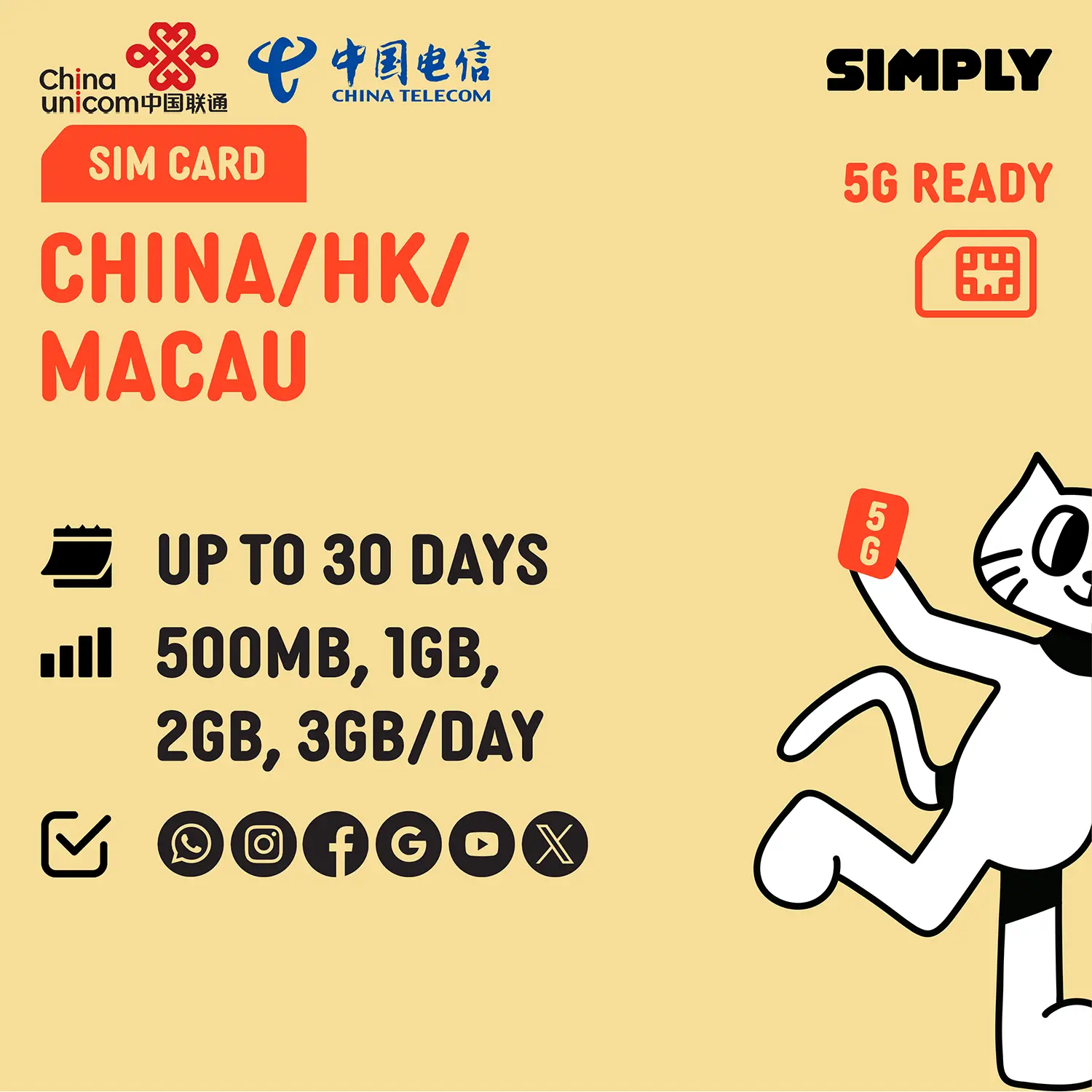 [China + Hong Kong + Macau] 5-30 Days | 1GB/2GB/3GB(4G)/Day Data SIM Card | Plug and Play | No Registration Required
