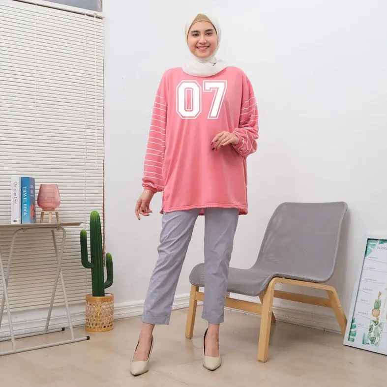 Baju Kaos Wanita Oversize Lengan Karet Salur Motif Angka 07 Print Babyterry - Panjang, Atasan 3