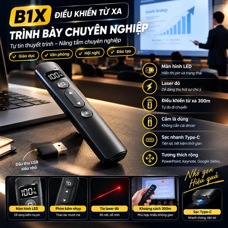Bút Trình Chiếu Không Dây B1X Có Màn Hình LED, Sạc Type-C, Kèm Đầu Thu USB Màu Đen