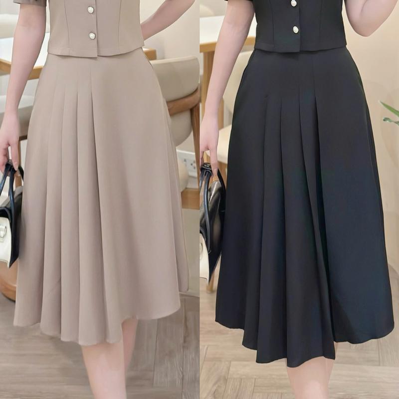 Chân váy nữ lẻ (KHÔNG KÈM ÁO) thiết kế Nhật Vy xếp ly dáng xòe dài bigsize chất lụa công sở văn phòng dự tiệc quà tặng vợ mẹ màu đen nâu - D3340