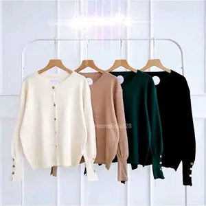 Kardigan item AIRA Rajut Kancing Gold Cardigan Wanita Korea Style Abu Fit Panjang Knitwear Lembut Outer Tebal Sweater Muslim Oversize Basic
