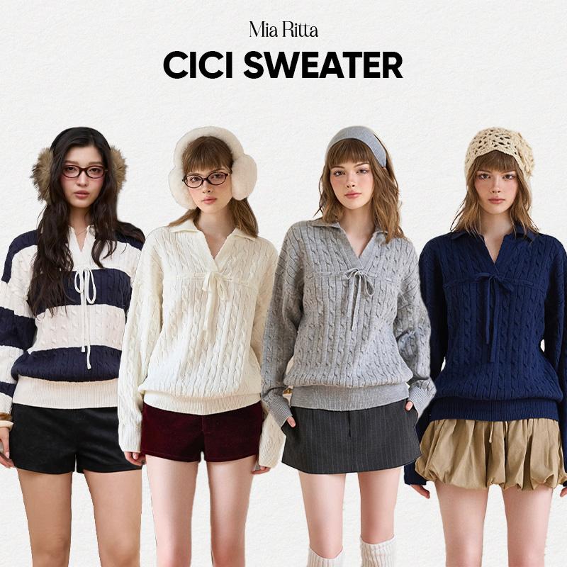  Áo len vặn thừng tay dài nữ MIARITTA áo len polo cổ v phối nơ dáng rộng CICI SWEATER A2220 