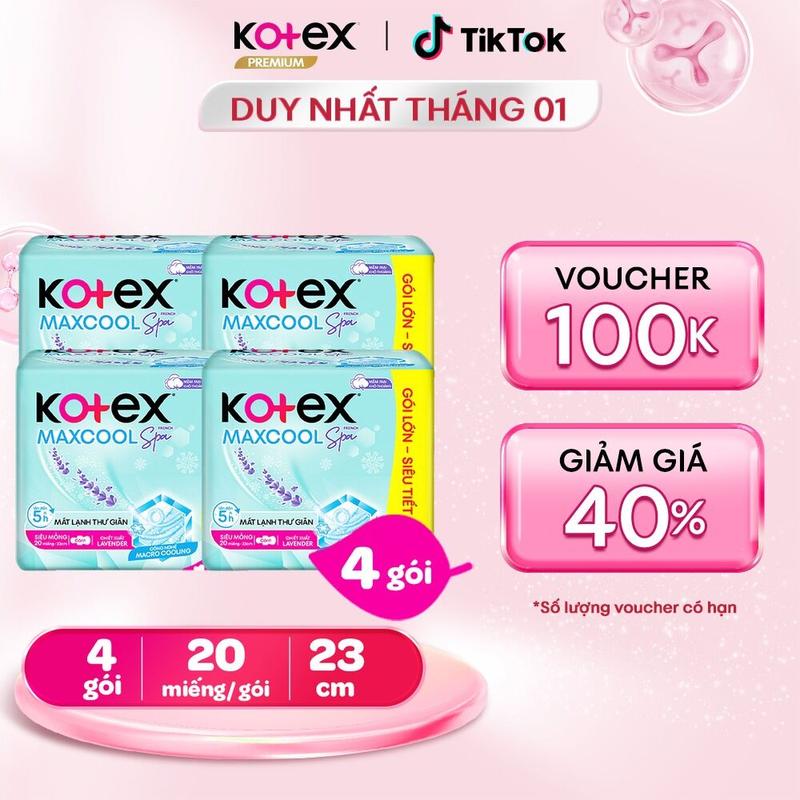   QUÀ TẶNG HOT  4 gói băng vệ sinh nữ Kotex Maxcool French Spa ban ngày 23cm Siêu Mỏng Cánh 20 miếng gói Mặt bông Thấm hút tốt Chống tràn Khử mùi mát lạnh êm bvs kinh nguyệt nhiều miễn phí vận chuyển chính hãng tampon. 