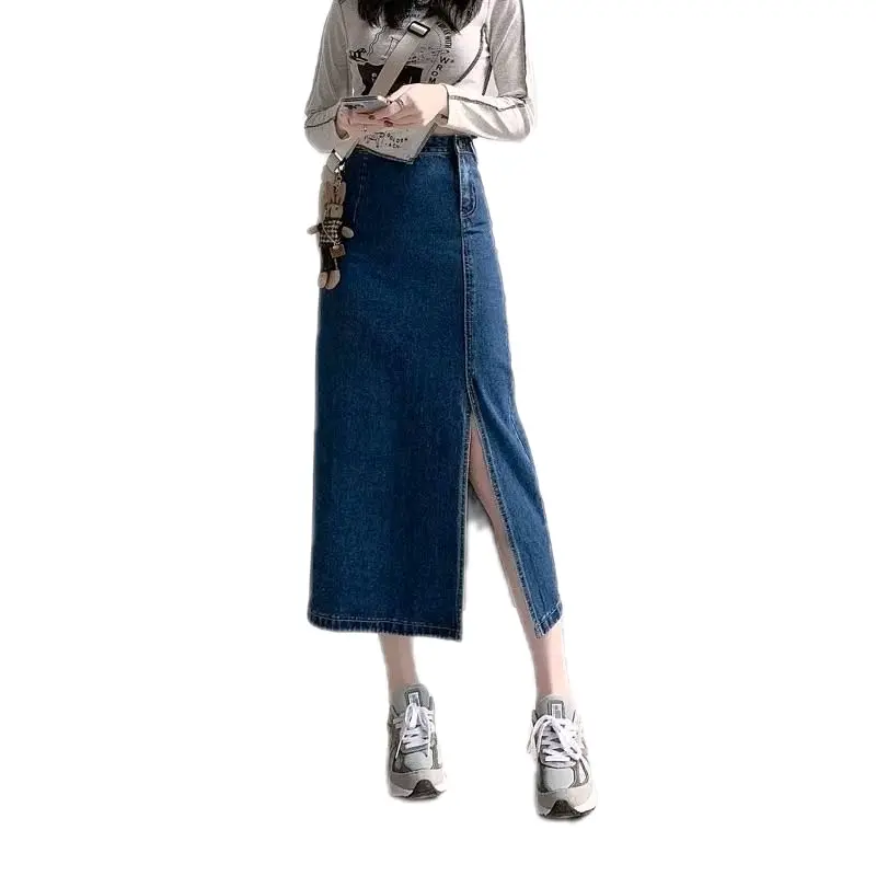 Lova - Rok Jeans Wanita Korean Style Higwaist Belah Samping Rok Midi Lenght A-line 0