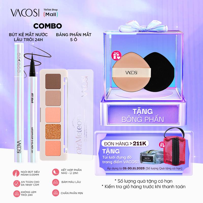 COMBO HOT SỐ 5 Combo 01 Bảng phấn mắt 5 ô lì & nhũ 5.5g METEOR EYESHADOW + 01 Bút kẻ mắt nước lâu trôi 24H 0.6g WATERPROOF EYELINER