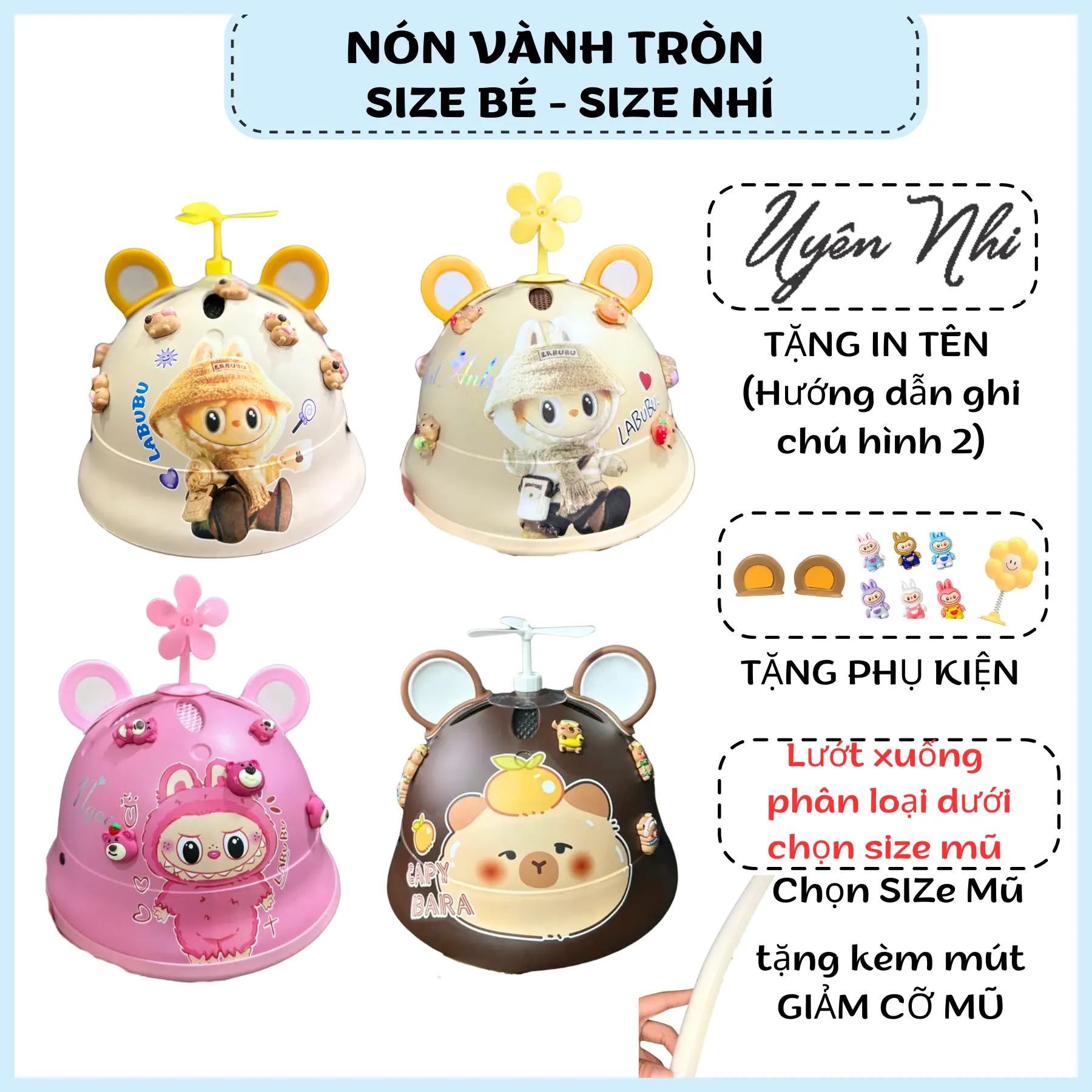 (TẶNG IN TÊN DÁN) Nón Bảo Hiểm CHO BÉ Nón Vành Tròn LABUBU Kèm Charm Và Phụ Kiện Tai Gấu