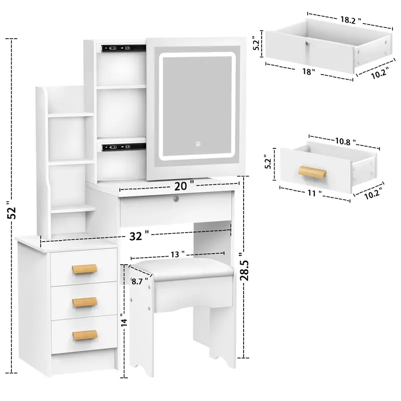Vanity Desk with Sliding Mirror and Lights, Bedroom Dressing Table, Makeup Table with Drawers & Shelves, Hidden Storage Space 2