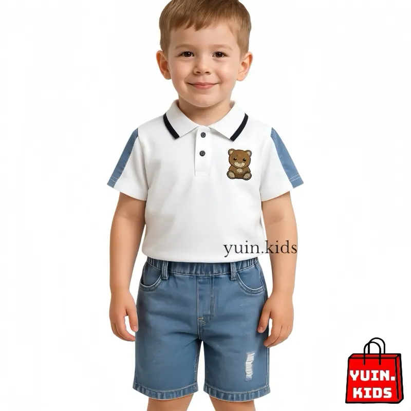 Setelan Baju Polo Bear Dan Celana Denim Pendek Anak Laki-laki 1-5 Tahun