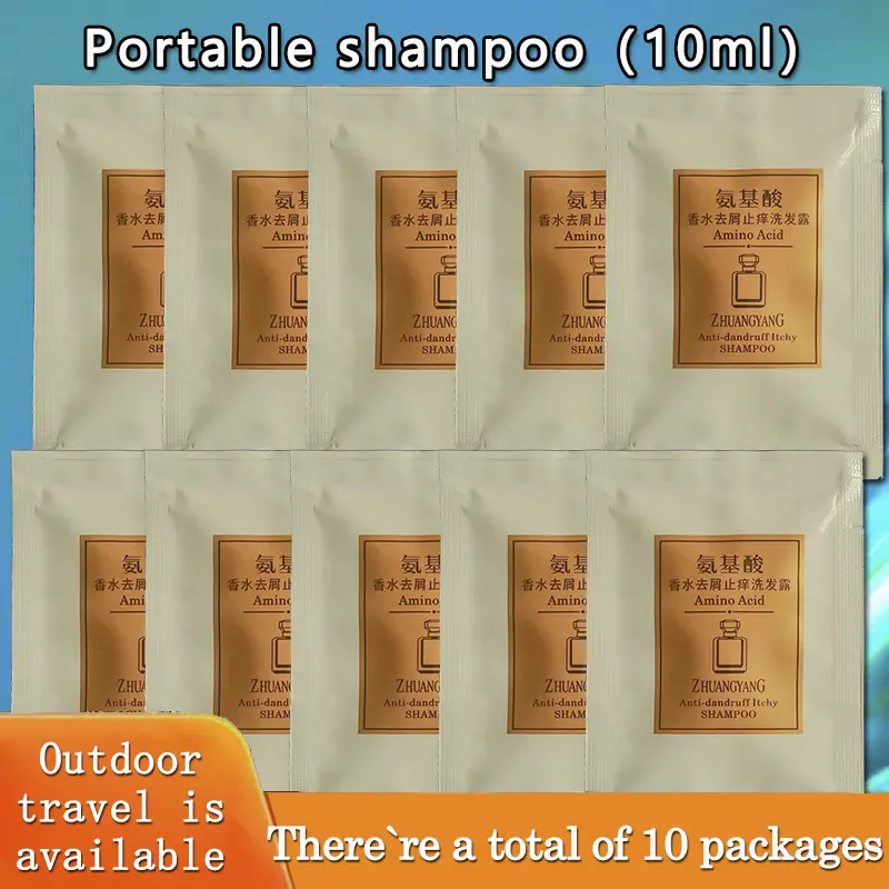 Portable shampoo. There are a total of 10 packages. Each package has a capacity of 10ml. Suitable for travel, outdoor, hotel and other scenarios.