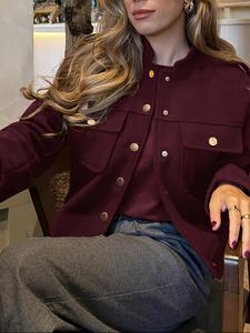 Abrigo Casual de Moda para Mujer con Decoración de Botones, Tela Tejida Elegante, Material Grueso, Diseño de Estampado Aleatorio, Ropa de Otoño e Invierno