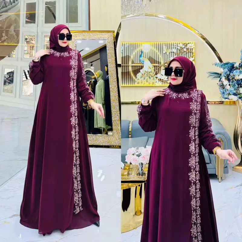 COD DRESS RIYA BORDIR MIX PAYET SWAROSKI SET HIJAB Muslim Wanita Lebaran Pesta Gamis Crinkle Mewah