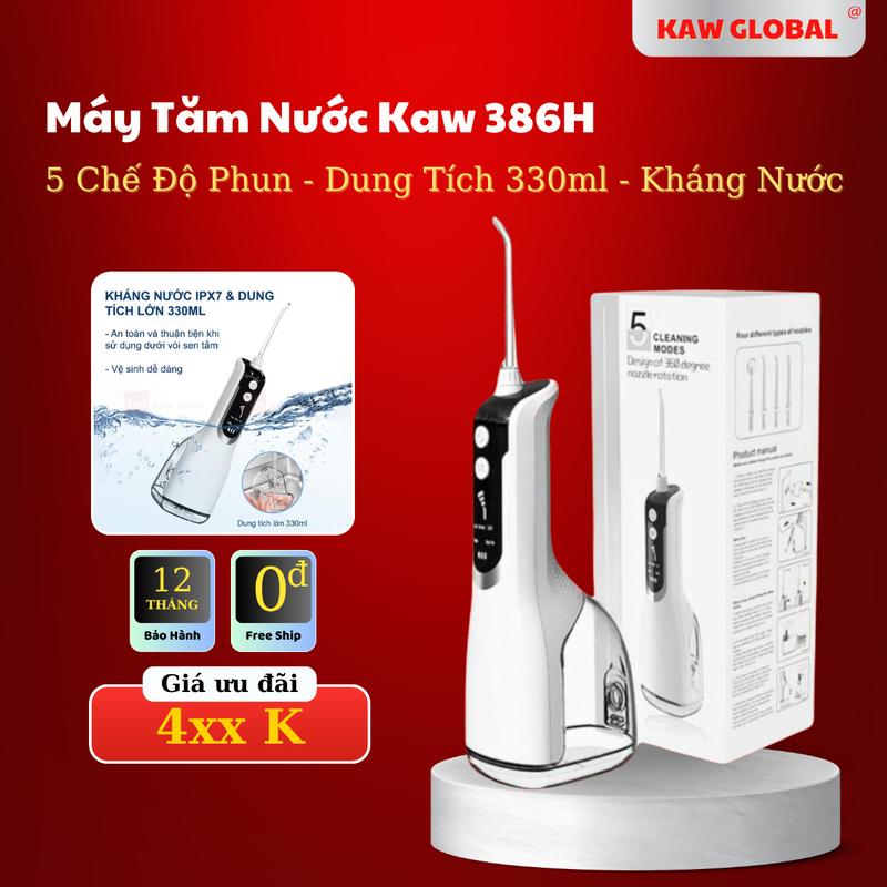 Máy tăm nước Kaw 386H - 5 Chế Độ Phun, Dung Tích 330ml, Kháng Nước IPx7, Kèm 5 Đầu Vòi Phun tămnước Women Nữ